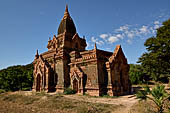 The cluster of red brick temples, named Khay-min-gha on the map on the North plain of Bagan. Myanmar. 